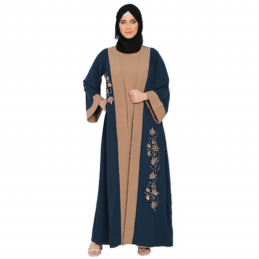 Embroidery work on layered abaya-Teal-Khaki